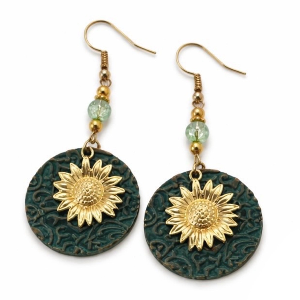 Floral Gold and Green Dangle Earrings